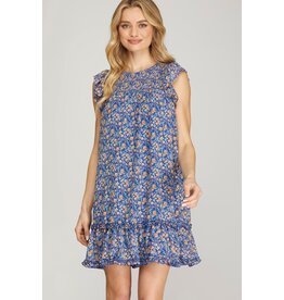 She + Sky Butterfly Sleeve Smocked Floral Print Dress (Blue)