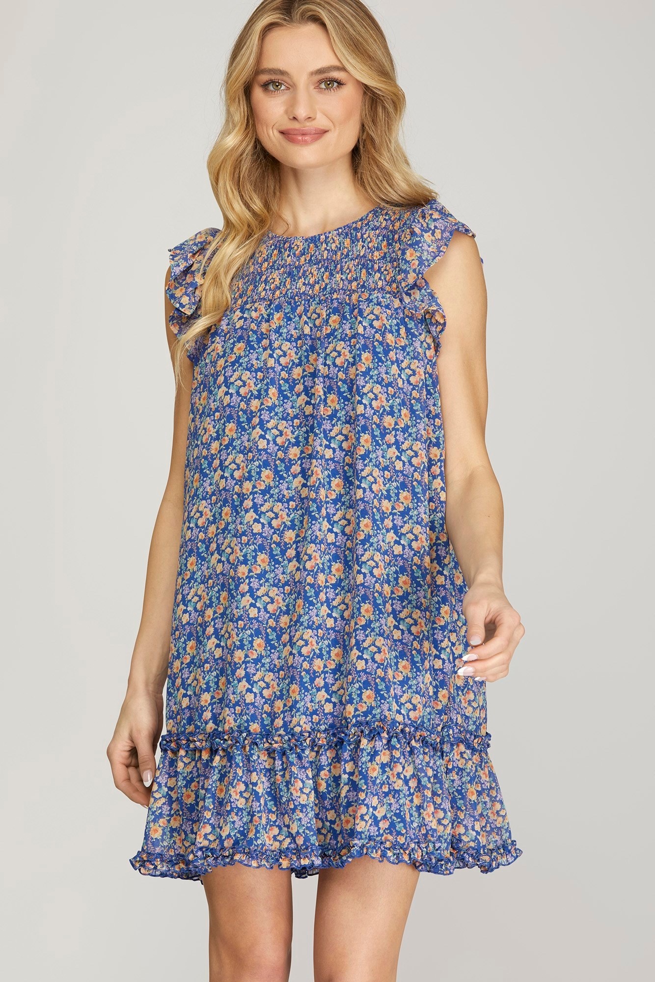 Ruffl Slv Smocked Floral Print Dresss