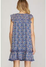She + Sky Butterfly Sleeve Smocked Floral Print Dress (Blue)