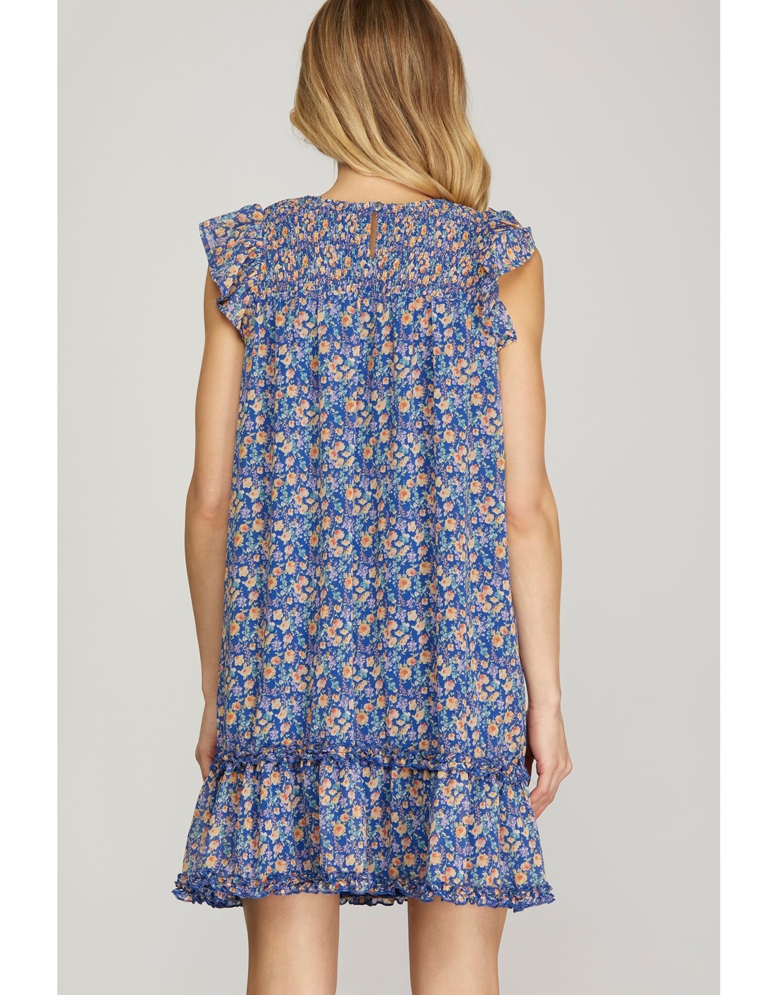 She + Sky Butterfly Sleeve Smocked Floral Print Dress (Blue)