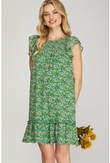 She + Sky Butterfly Sleeve Smocked Floral Print Dress (Green)