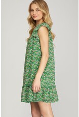 She + Sky Butterfly Sleeve Smocked Floral Print Dress (Green)
