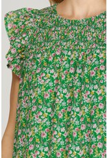 She + Sky Butterfly Sleeve Smocked Floral Print Dress (Green)