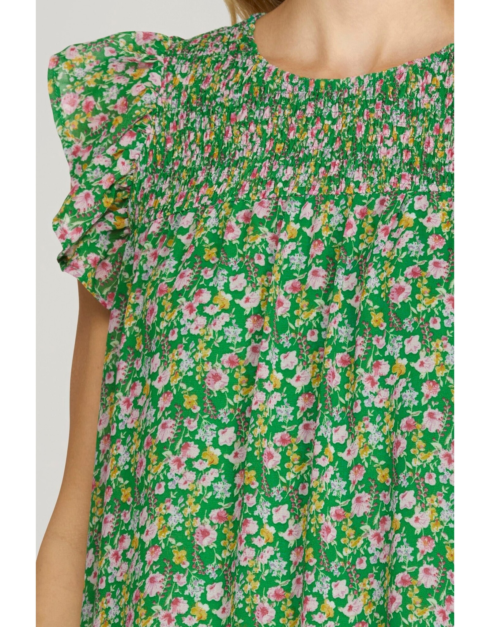 She + Sky Butterfly Sleeve Smocked Floral Print Dress (Green)
