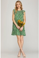 She + Sky Butterfly Sleeve Smocked Floral Print Dress (Green)