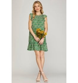 She + Sky Butterfly Sleeve Smocked Floral Print Dress (Green)