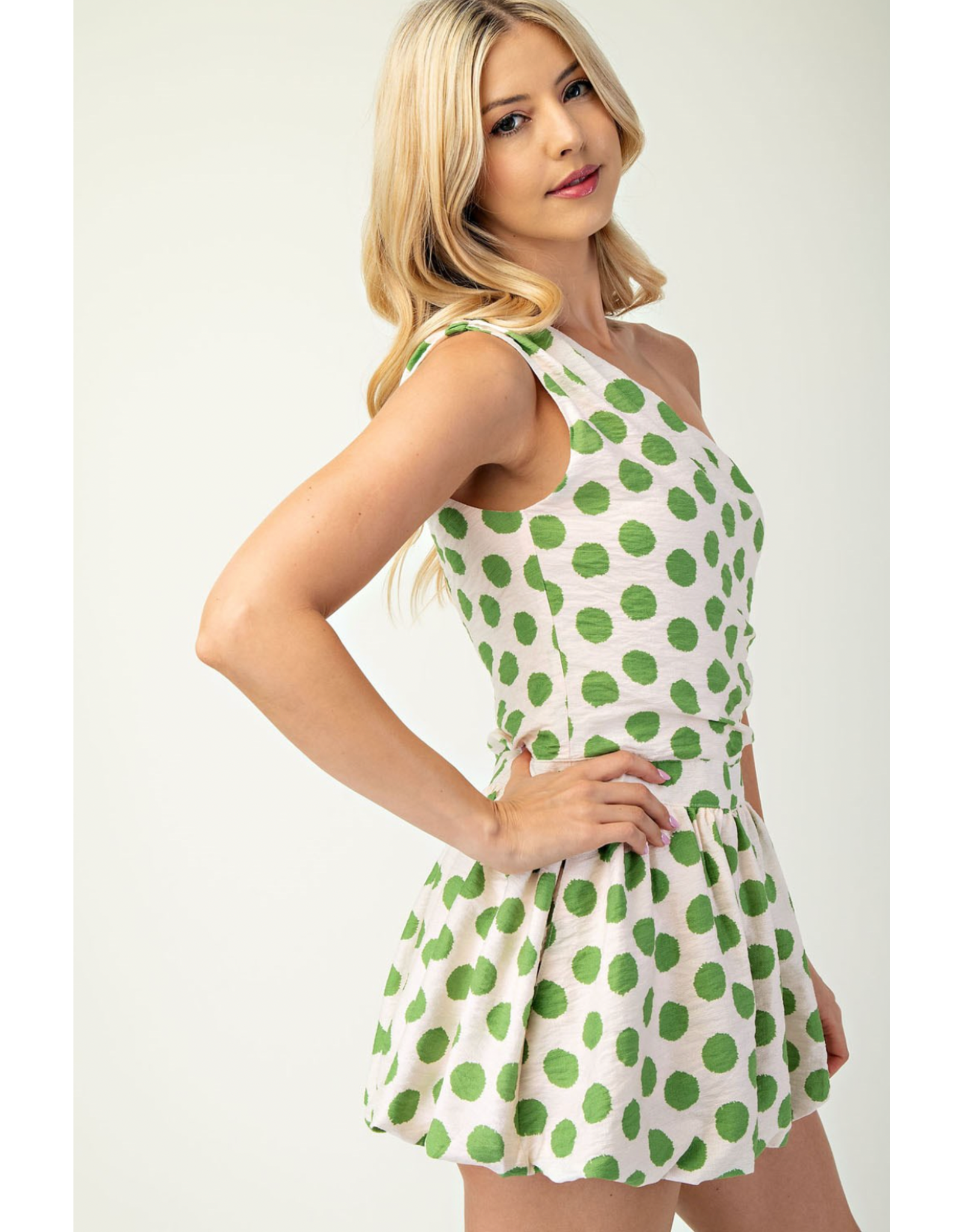 glam One Shoulder Balloon Hem Romper (Green)