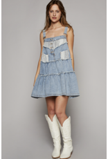 POL Denim tiered dress with overalls bib and lace trim