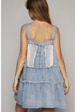 POL Denim tiered dress with overalls bib and lace trim