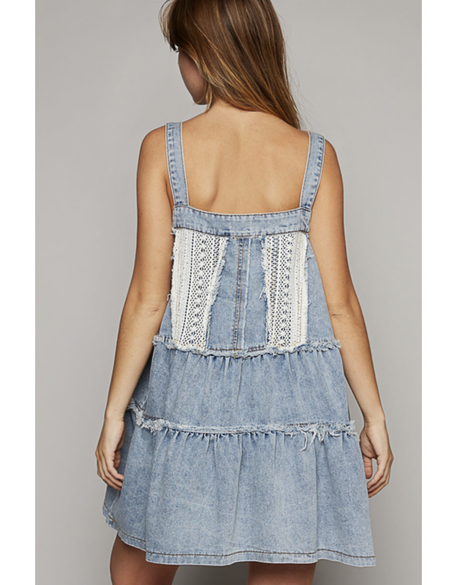 POL Denim tiered dress with overalls bib and lace trim