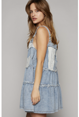 POL Denim tiered dress with overalls bib and lace trim