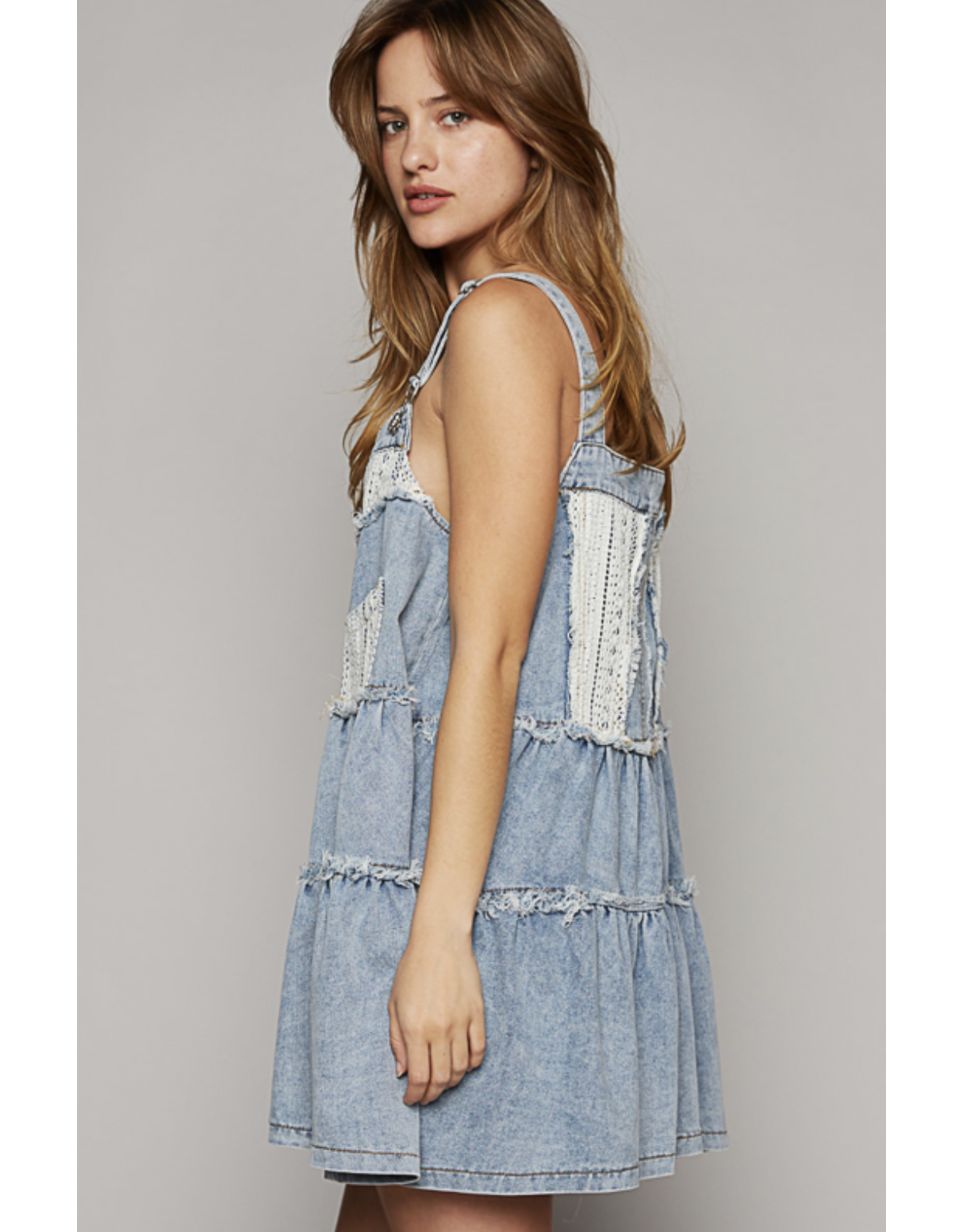 POL Denim tiered dress with overalls bib and lace trim