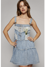 POL Denim tiered dress with overalls bib and lace trim