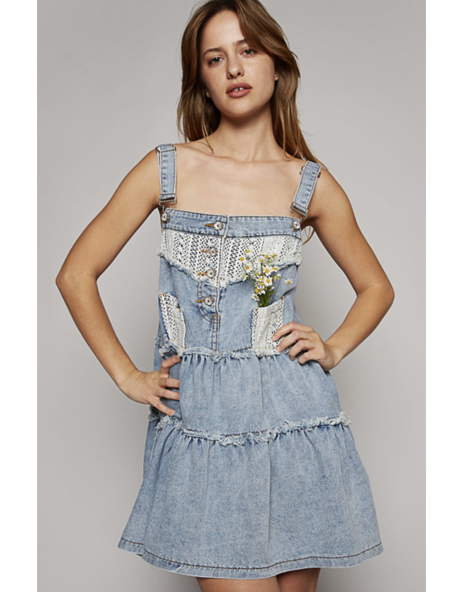 POL Denim tiered dress with overalls bib and lace trim