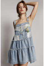 POL Denim tiered dress with overalls bib and lace trim