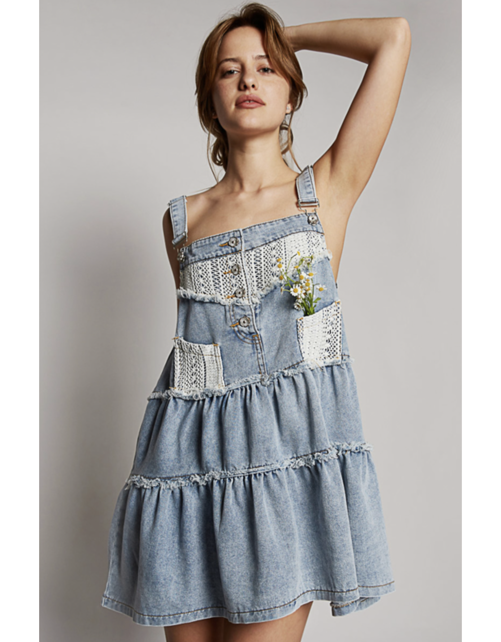 POL Denim tiered dress with overalls bib and lace trim