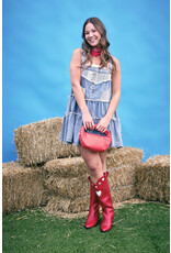 POL Denim tiered dress with overalls bib and lace trim