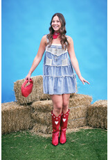 POL Denim tiered dress with overalls bib and lace trim
