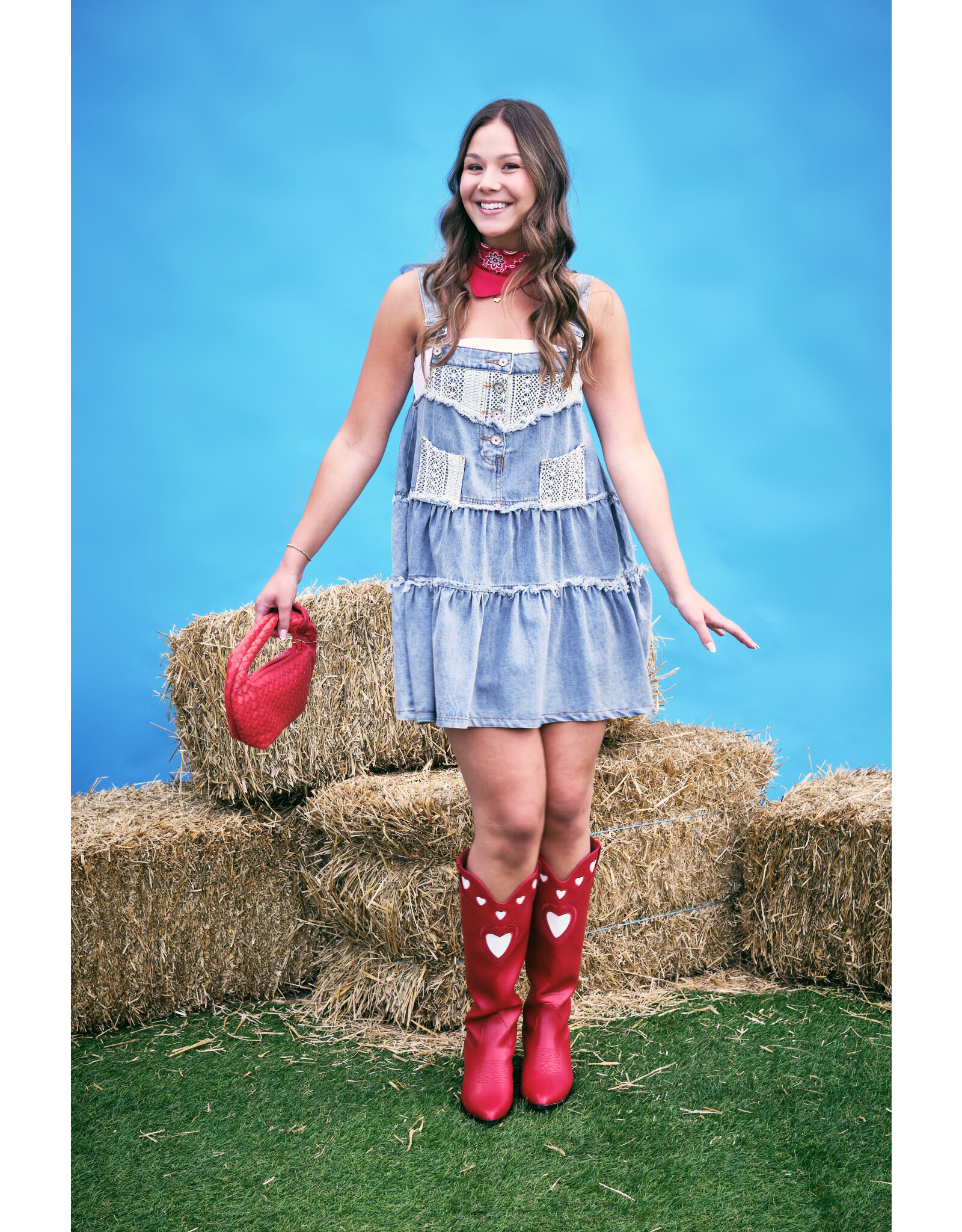POL Denim tiered dress with overalls bib and lace trim