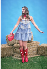 POL Denim tiered dress with overalls bib and lace trim