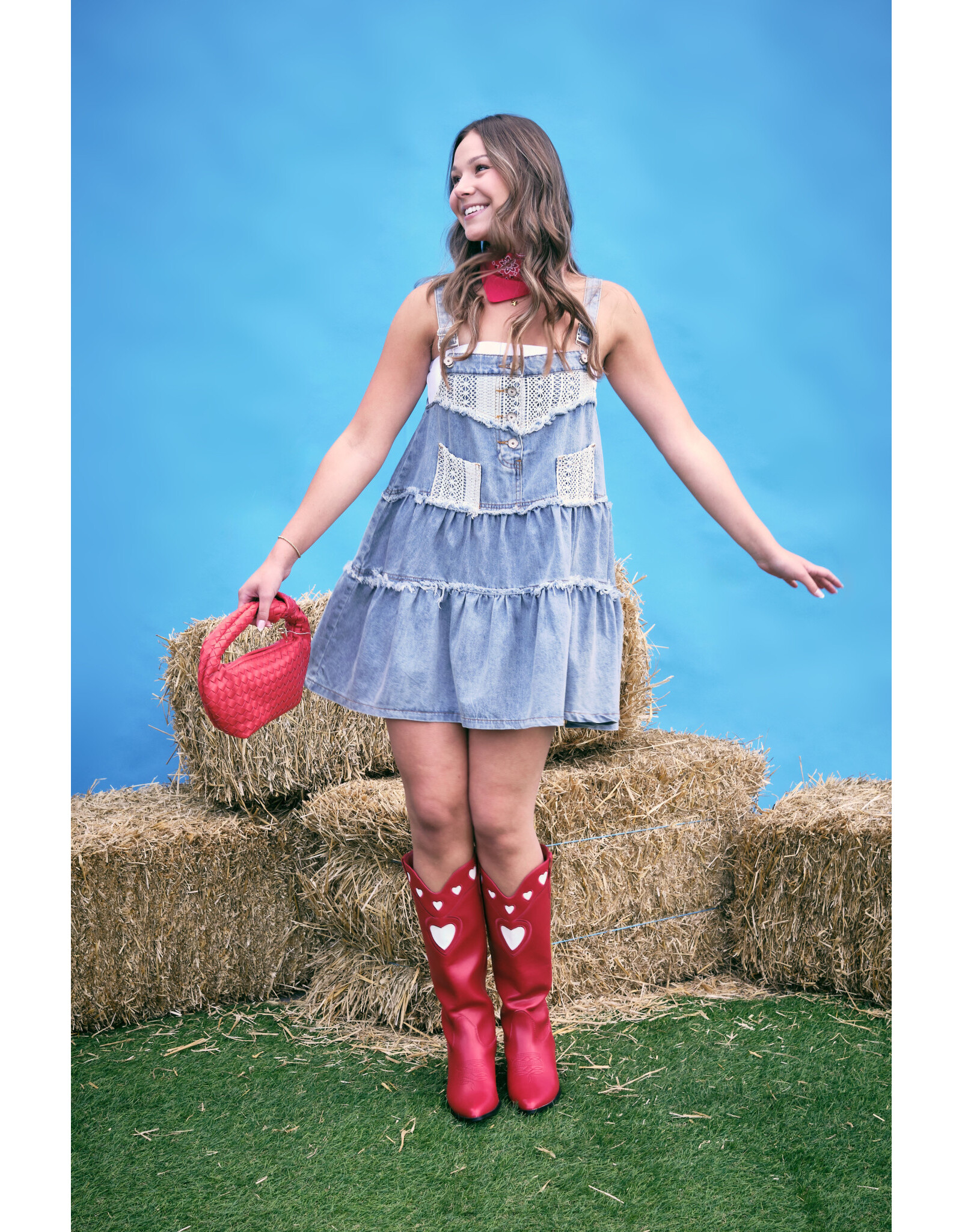 POL Denim tiered dress with overalls bib and lace trim