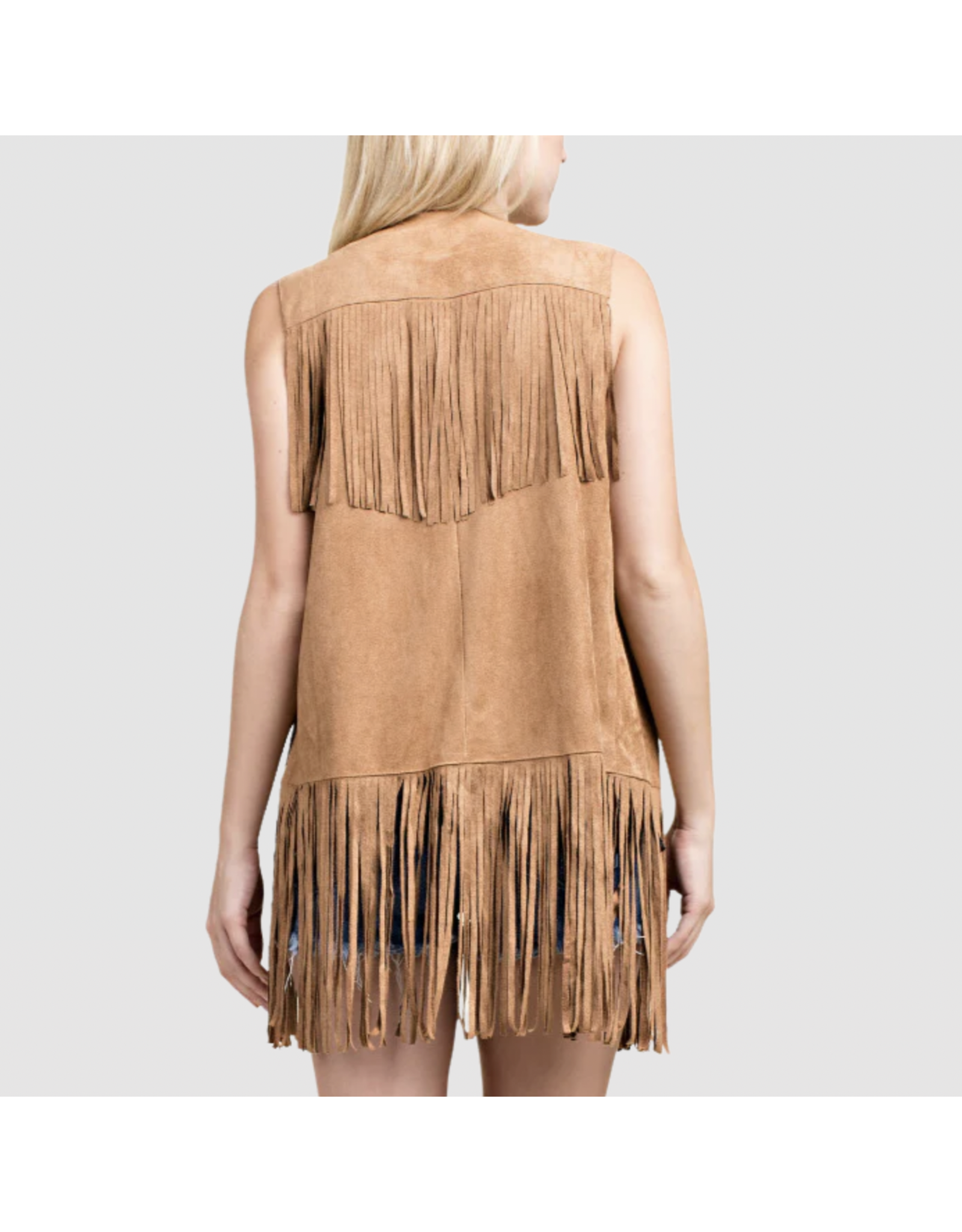 Vocal Vocal - Suede vest with tiers of fringe and rings (Camel)