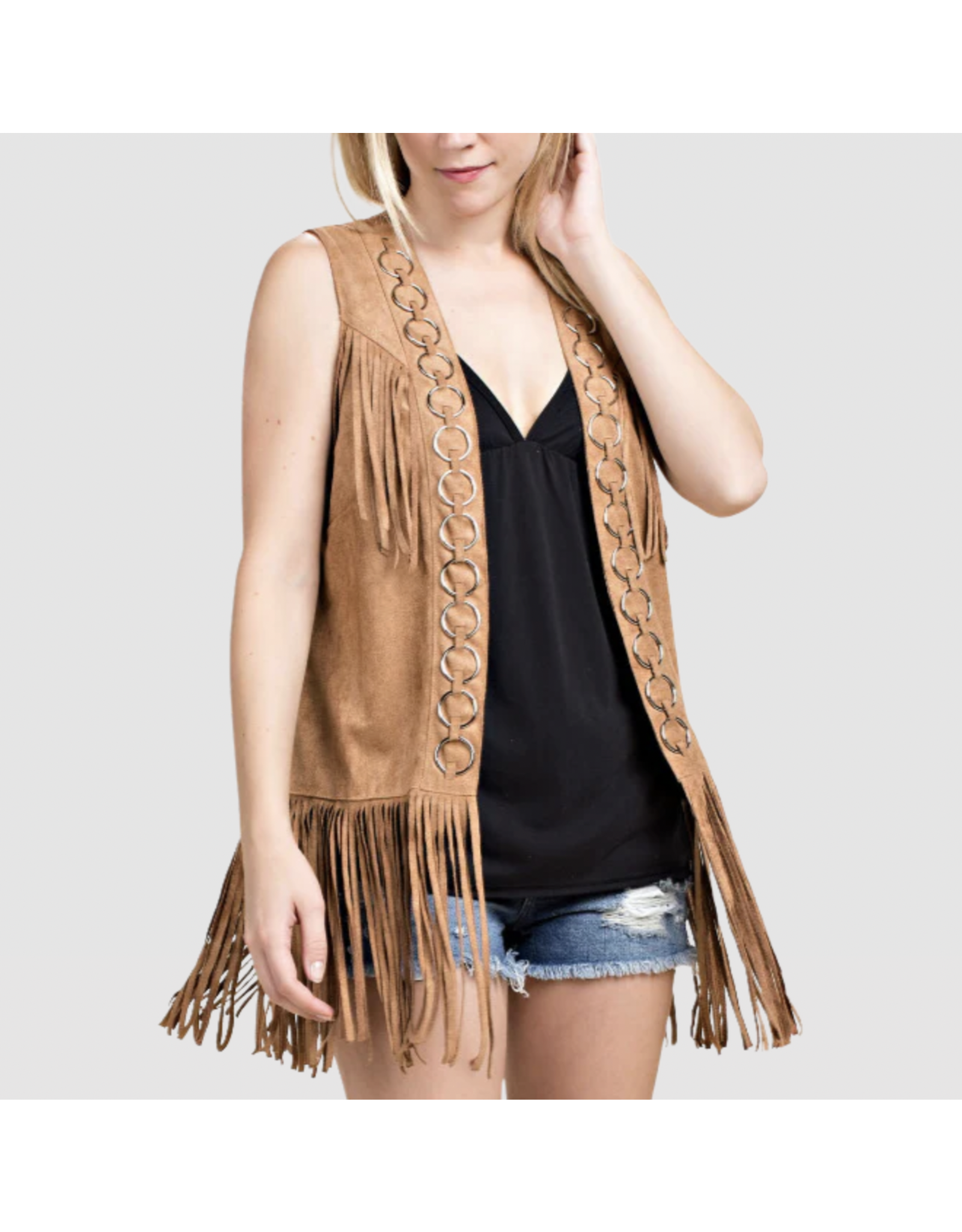 Vocal Vocal - Suede vest with tiers of fringe and rings (Camel)