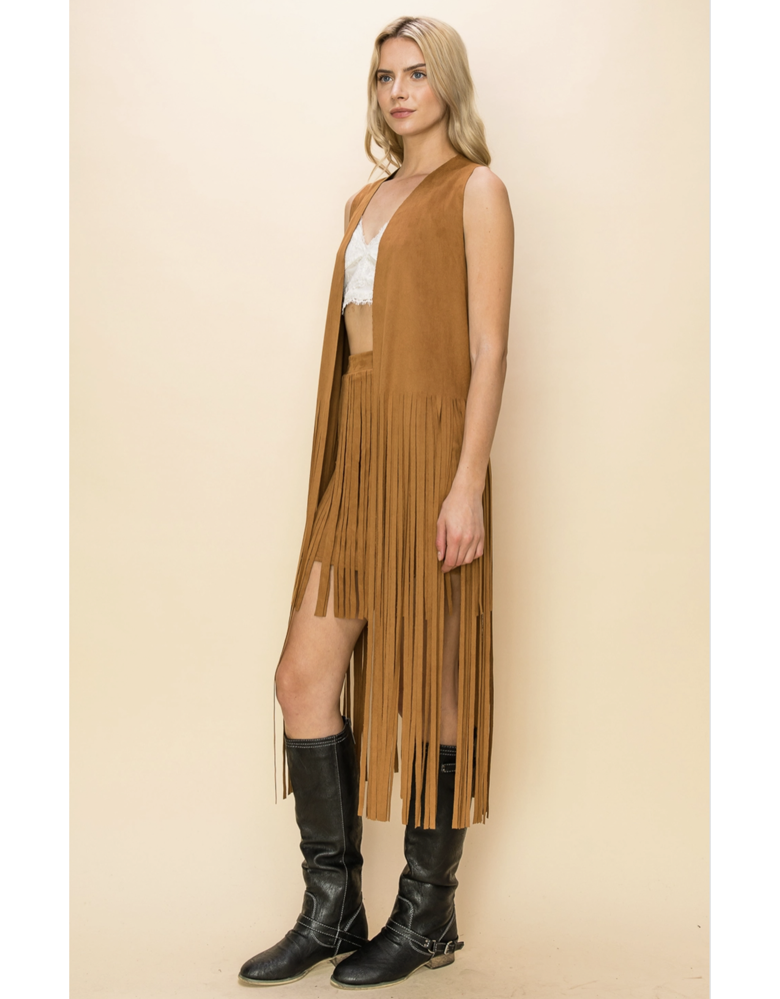 Vocal Vocal - Maxi length fringe vest (Camel)