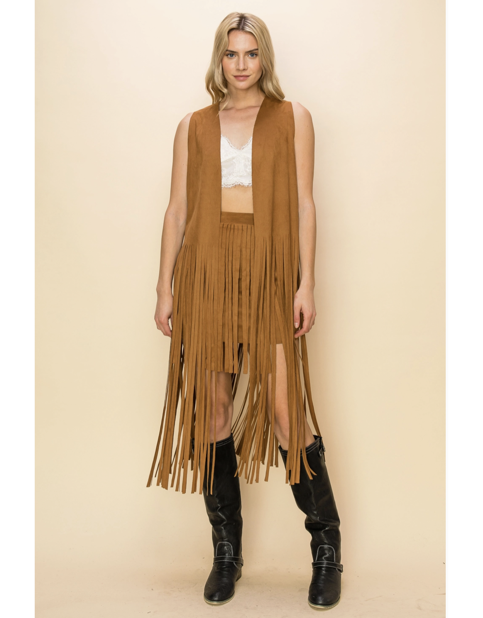 Vocal Vocal - Maxi length fringe vest (Camel)