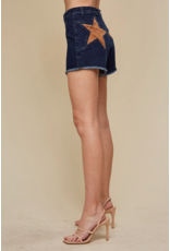 Saints & Hearts Denim Shorts with Star Pocket Patches (Dark Denim / Tan)