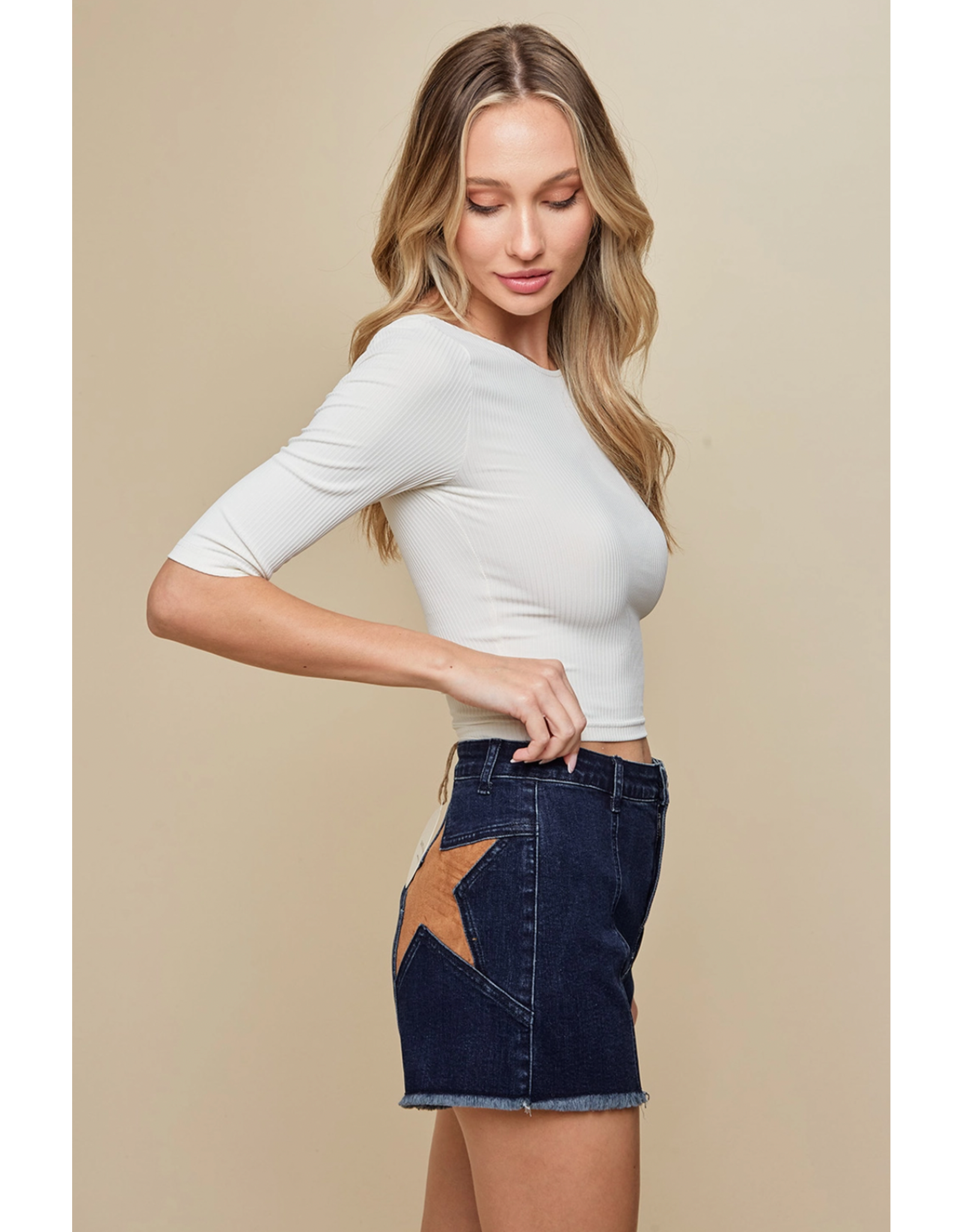 Saints & Hearts Denim Shorts with Star Pocket Patches (Dark Denim / Tan)
