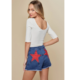 Saints & Hearts Denim Shorts with Star Pocket Patches (Red)