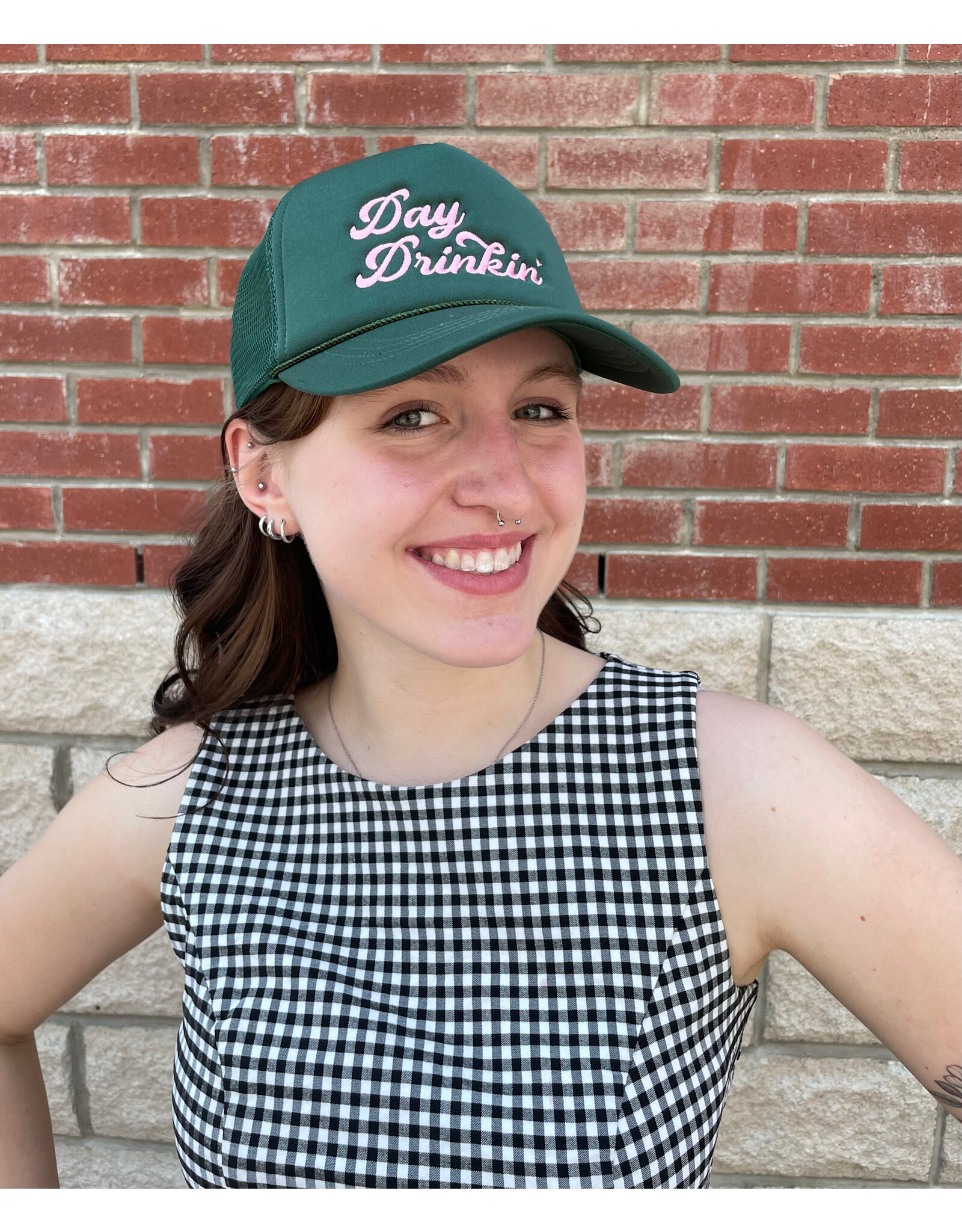Fashion City Day Drinkin Embroidery Mesh Back Trucker Hat (Green)