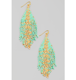 Fame Accessories Boho Seed Beaded Triangular Fringe Earrings (Gold / Turquoise)