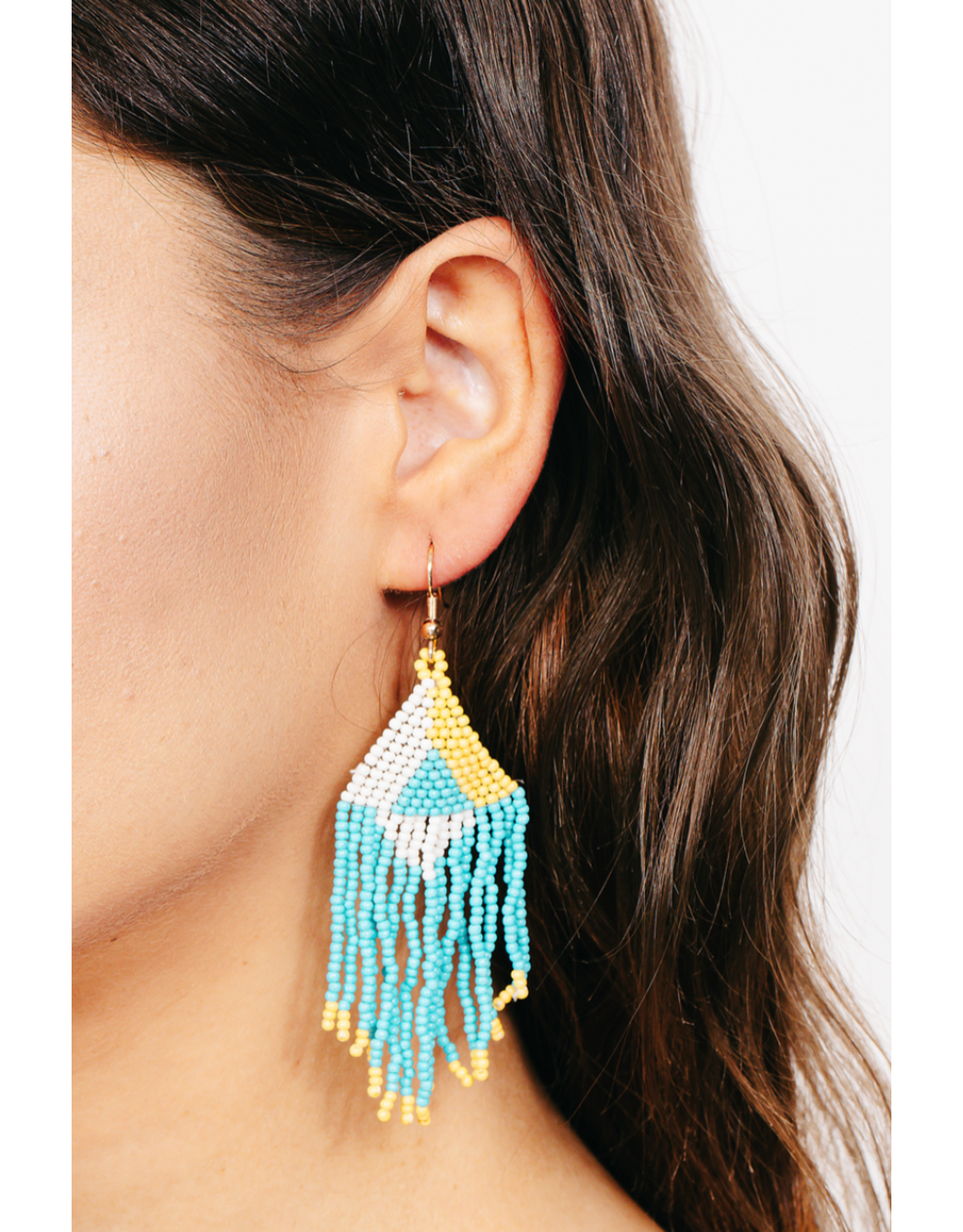 Fame Accessories Seed Beaded Fringe Drop Earrings (Turquoise)