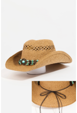 Fame Accessories Beaded Decor Straw Weave Cowboy Hat (Ivory)