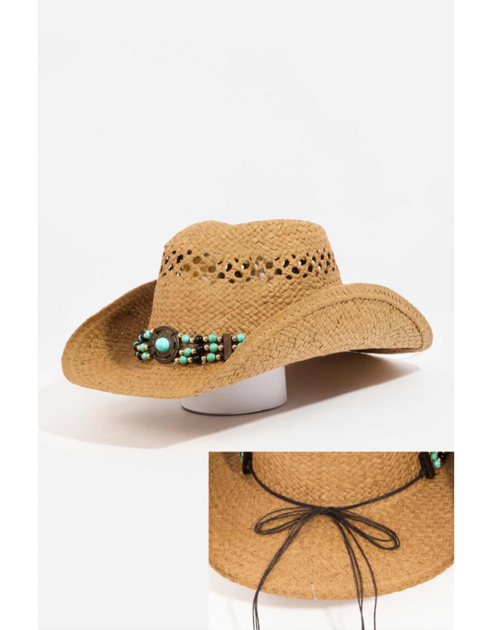 Fame Accessories Beaded Decor Straw Weave Cowboy Hat (Ivory)