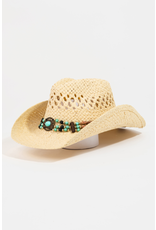 Fame Accessories Beaded Decor Straw Weave Cowboy Hat (Ivory)