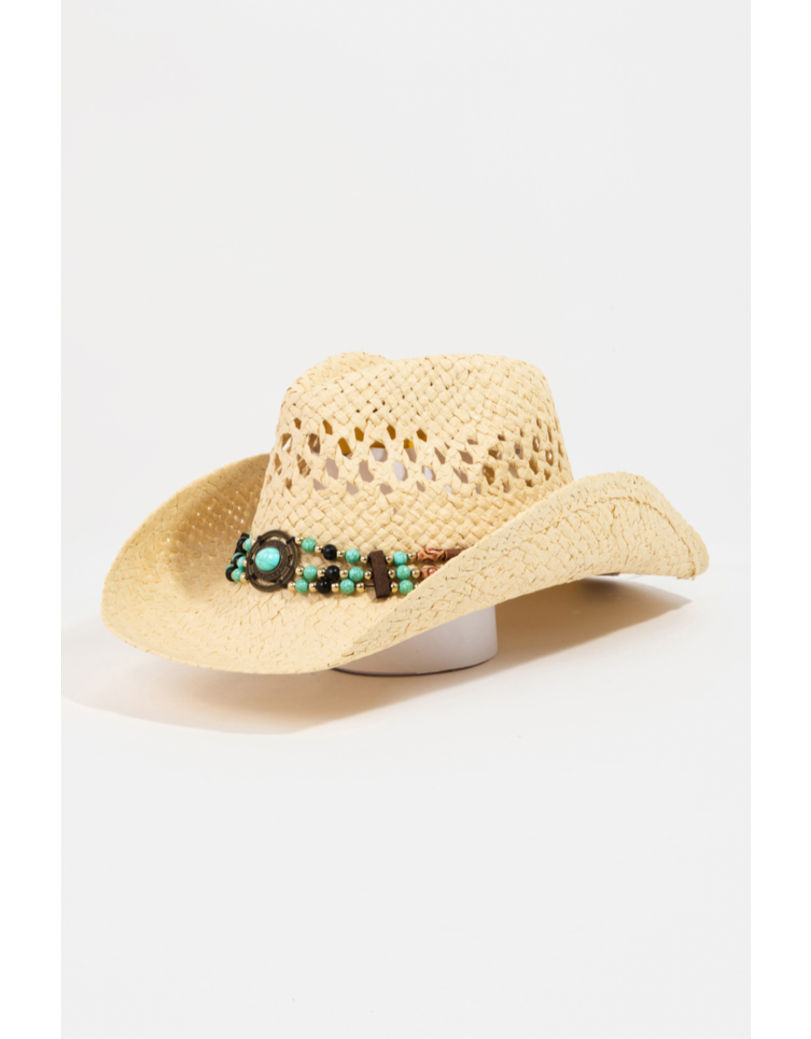 Fame Accessories Beaded Decor Straw Weave Cowboy Hat (Ivory)