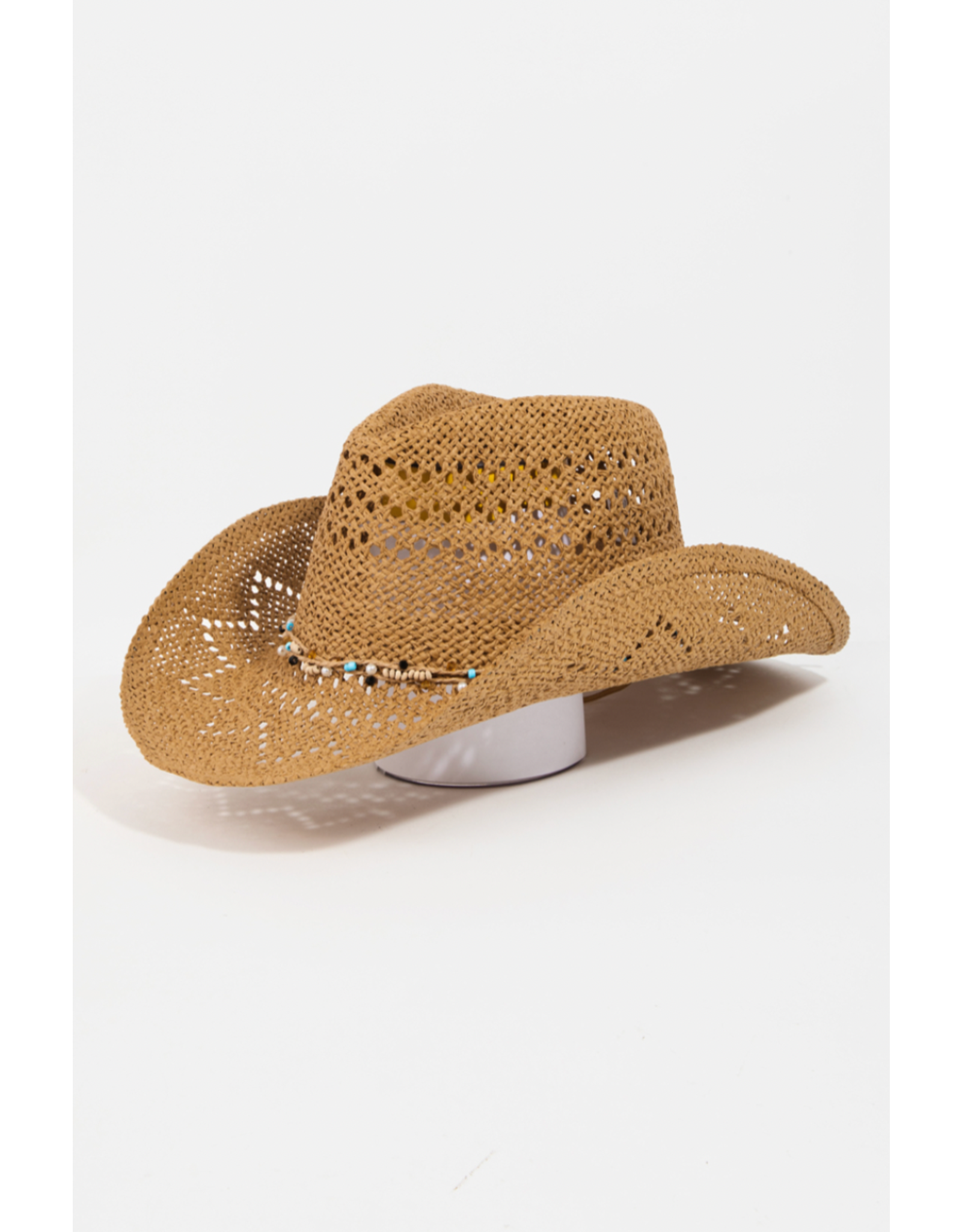 Fame Accessories Beaded Rope Straw Braid Cowboy Hat (Khaki)