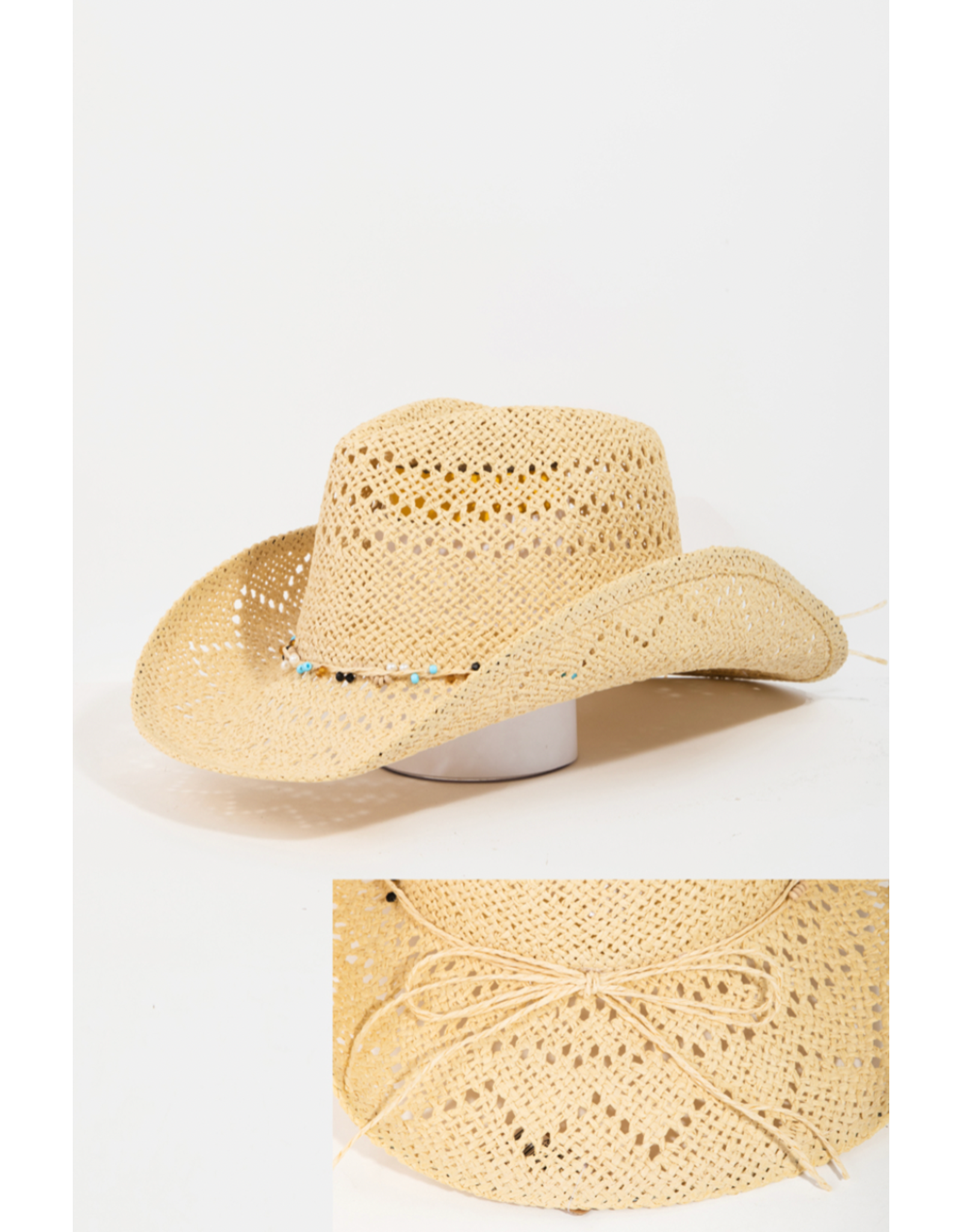 Fame Accessories Beaded Rope Straw Braid Cowboy Hat (Khaki)