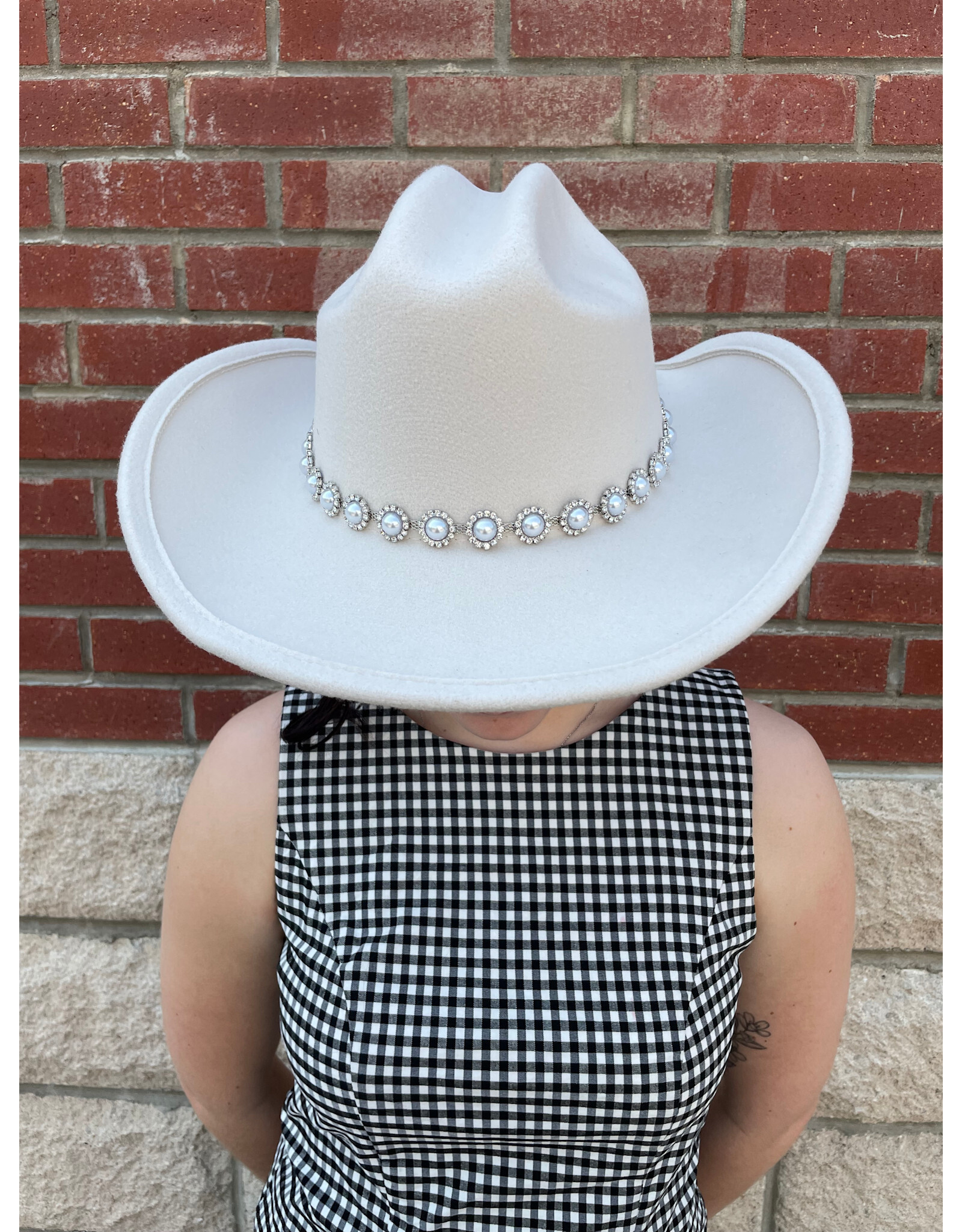 Fame Accessories Pearl Studded Cowboy Hat (Ivory)