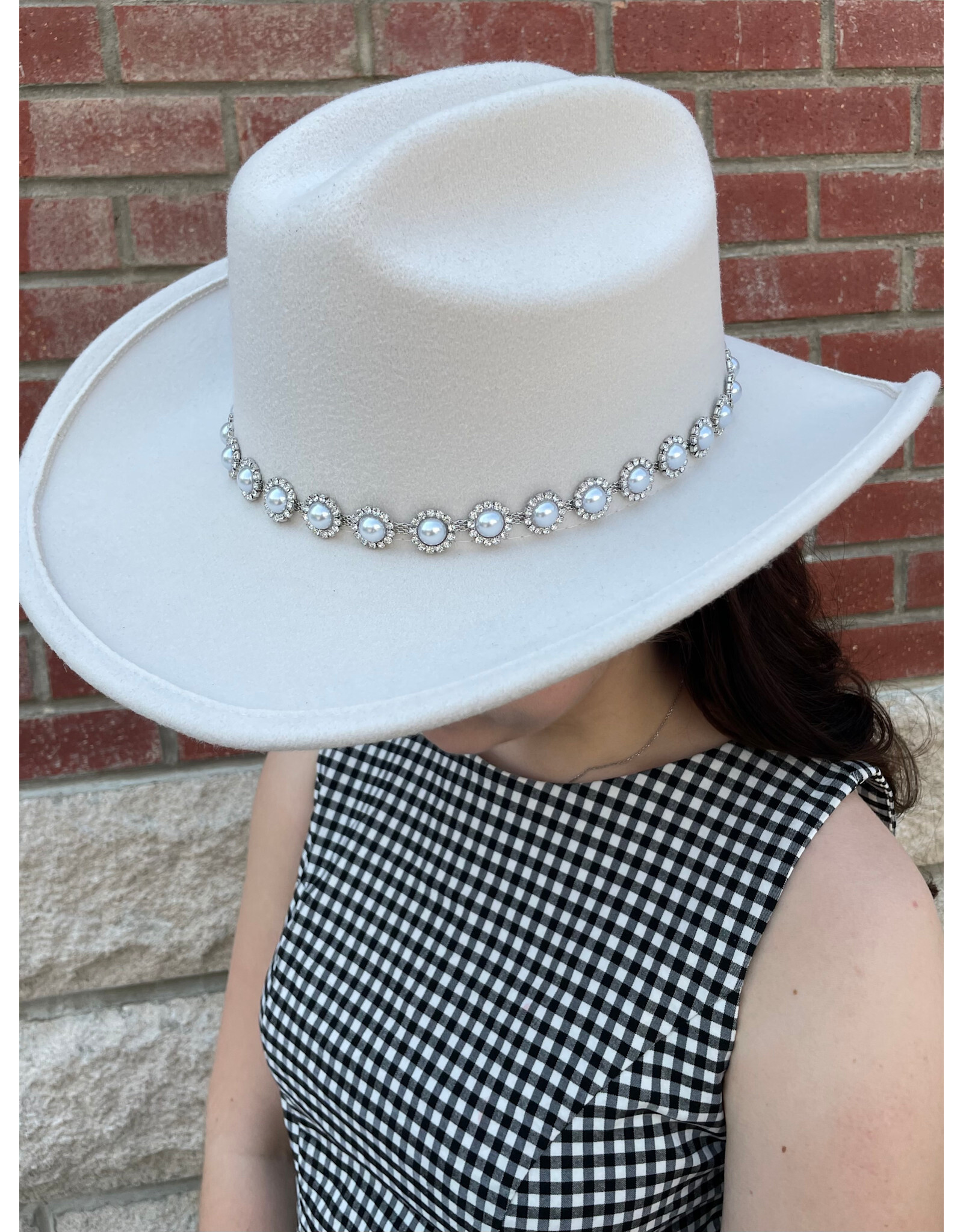 Fame Accessories Pearl Studded Cowboy Hat (Ivory)