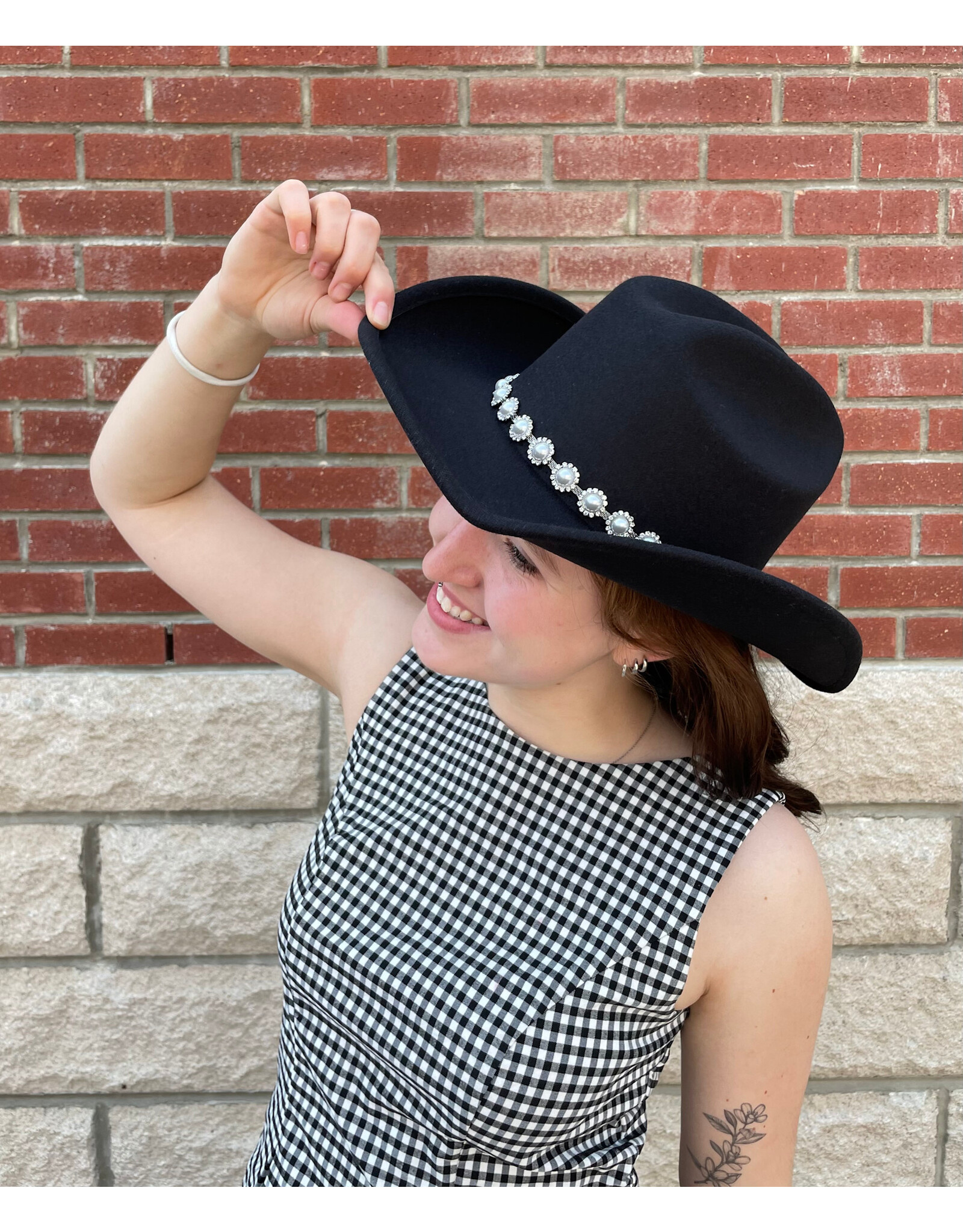 Fame Accessories Pearl Studded Cowboy Hat (Black)
