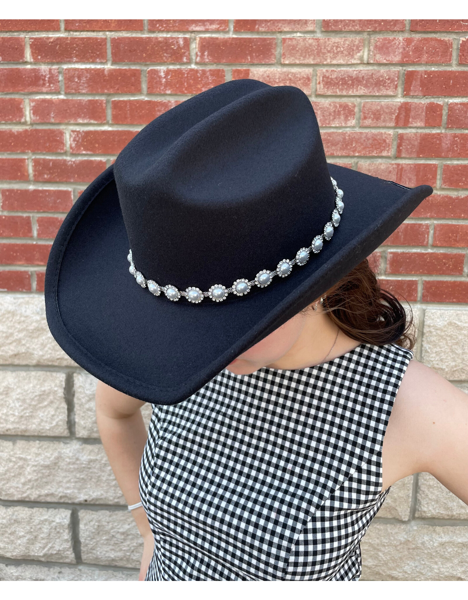 Fame Accessories Pearl Studded Cowboy Hat (Black)