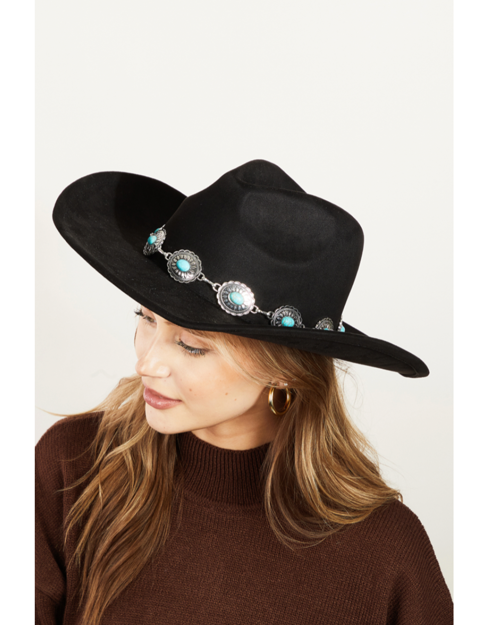 Fame Accessories Turquoise Oval Stone Strap Cowboy Hat (Black)
