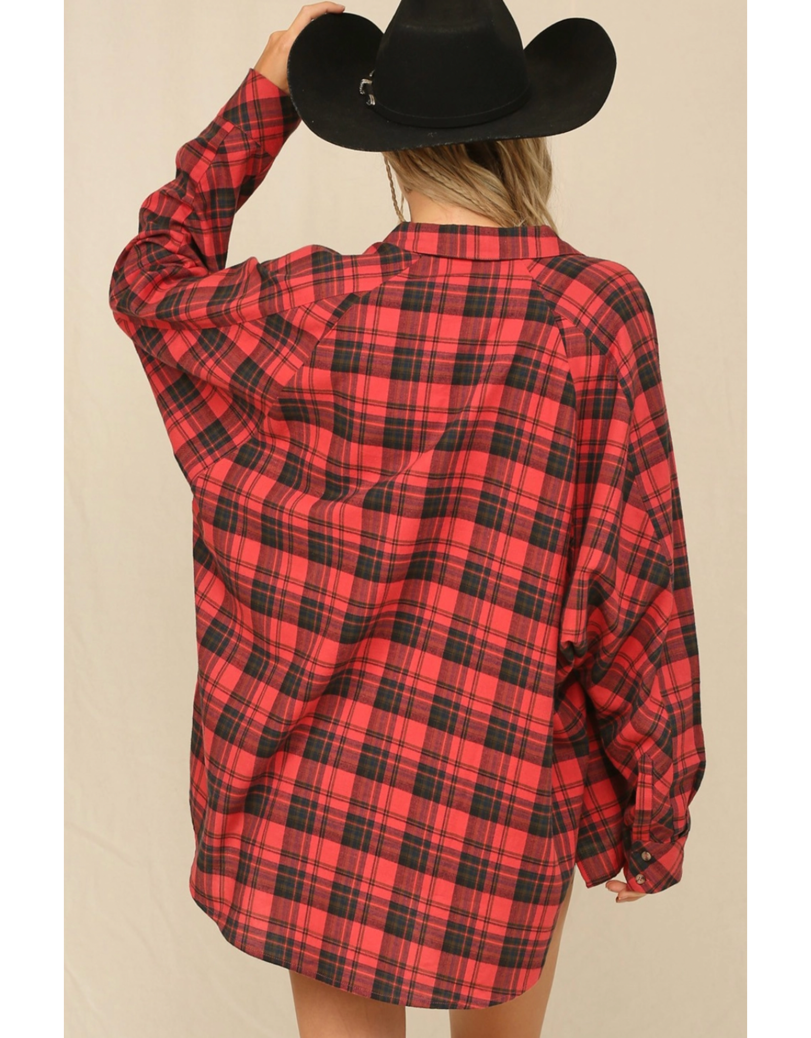 Kye Mi Plaid Button Down Oversized Shirt (Red)