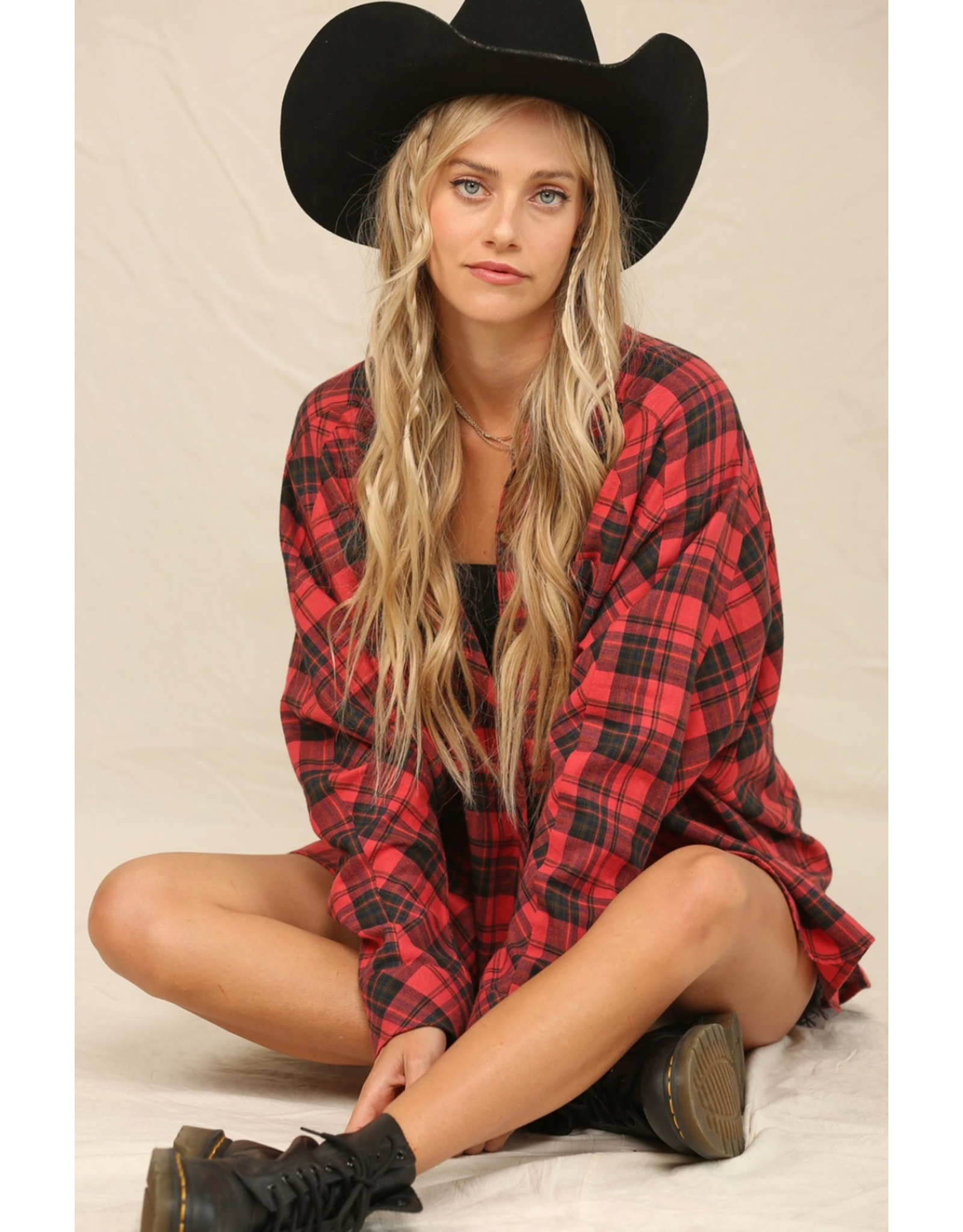 Kye Mi Plaid Button Down Oversized Shirt (Red)