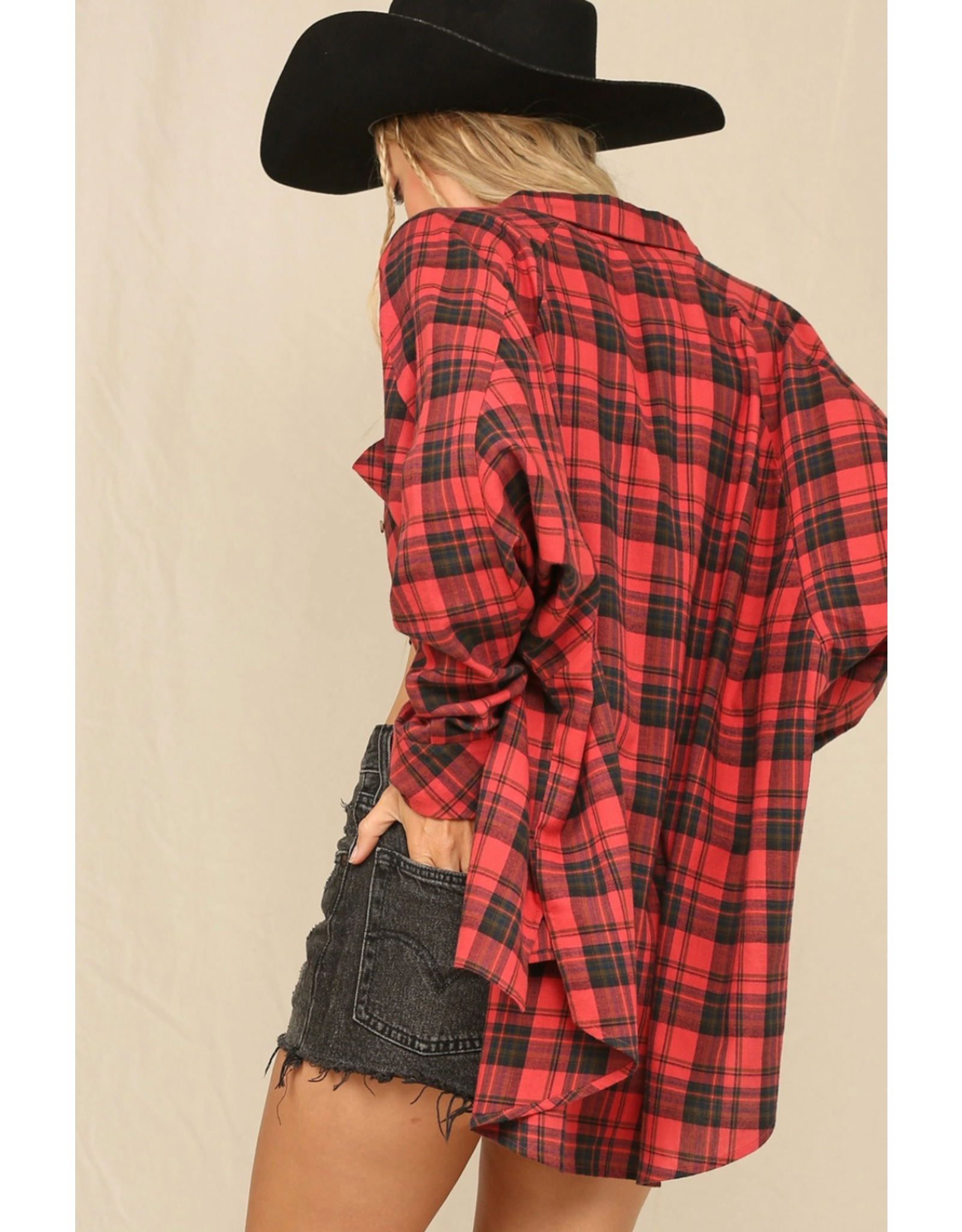 Kye Mi Plaid Button Down Oversized Shirt (Red)