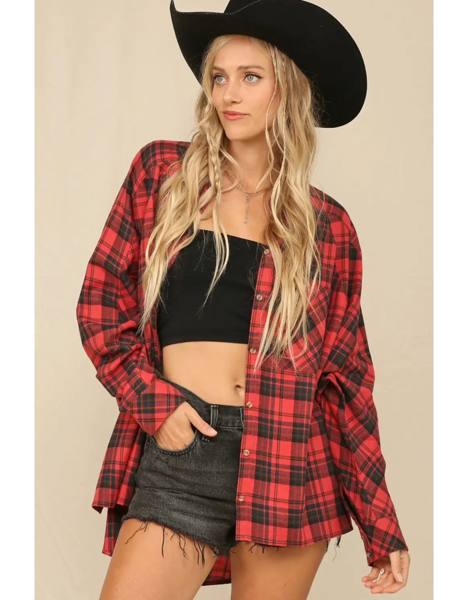 Kye Mi Plaid Button Down Oversized Shirt (Red)